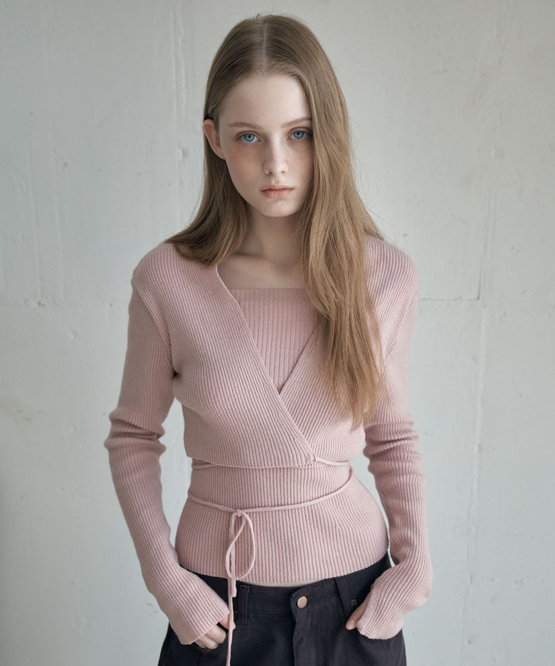 WOOL BLEND RIBBED WRAP KNIT_PINK