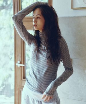Every Day Angora Stripe Turtle-neck T-shirt_CTT395(Blue Grey)