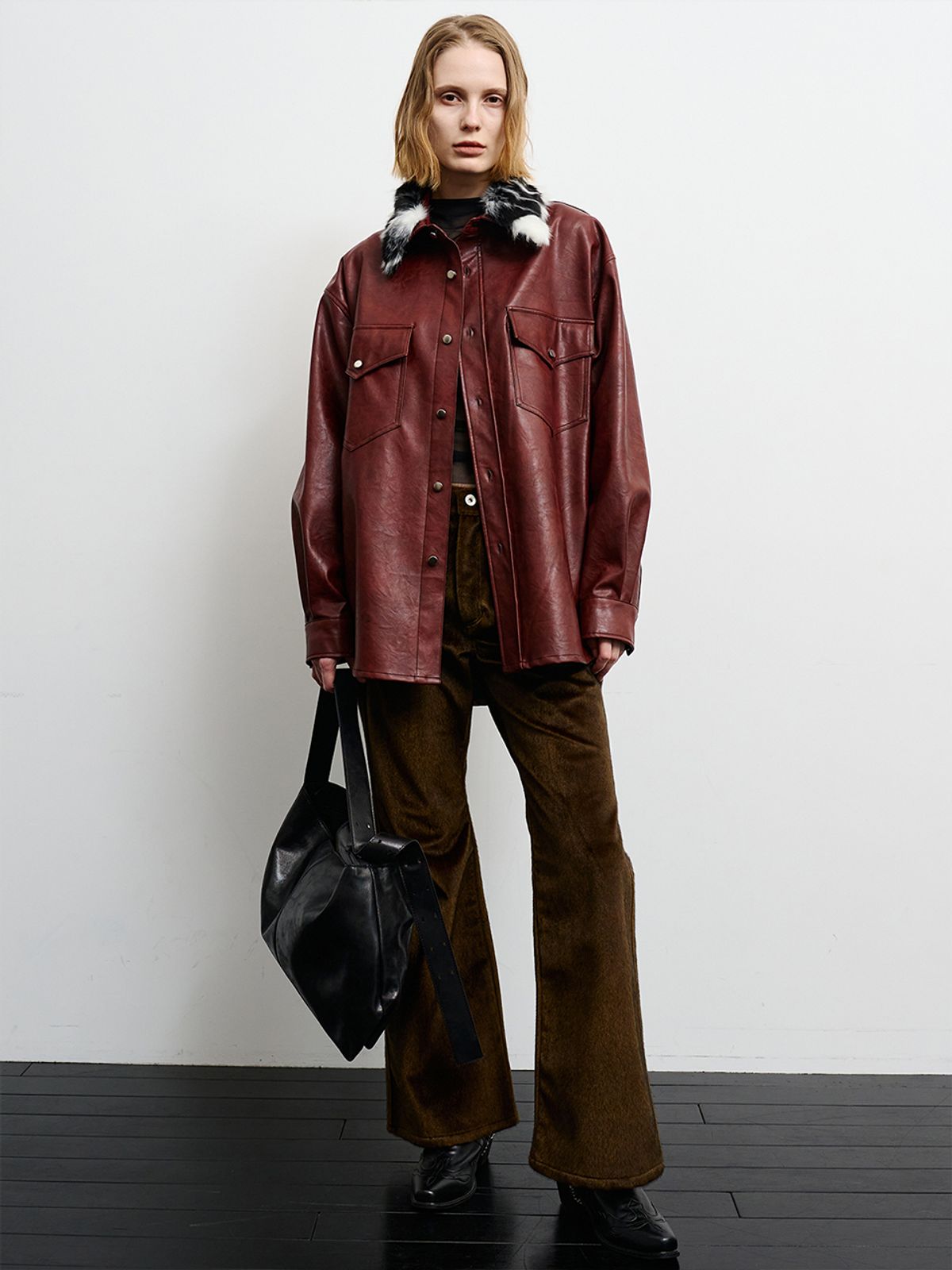 리게(RIGHE) LEATHER FUR SHIRT RED BROWN