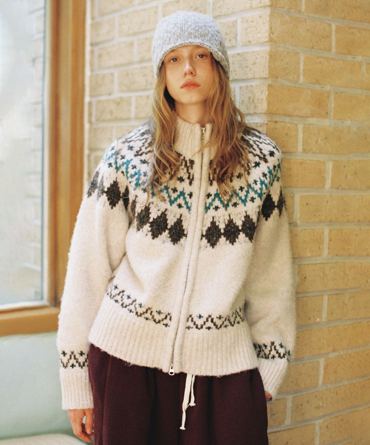 씨타(CITTA) Nordic Wool Blend Jacquard Knit Zip-up_CTK255(Light Beige)