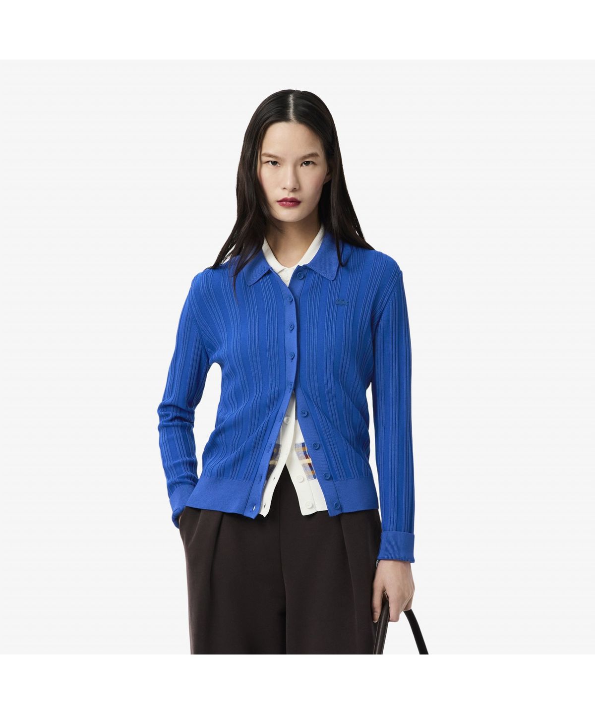 라코스테(LACOSTE) 여성 플리츠 립조직 긴팔 폴로 가디건 AF7614-55N C4X