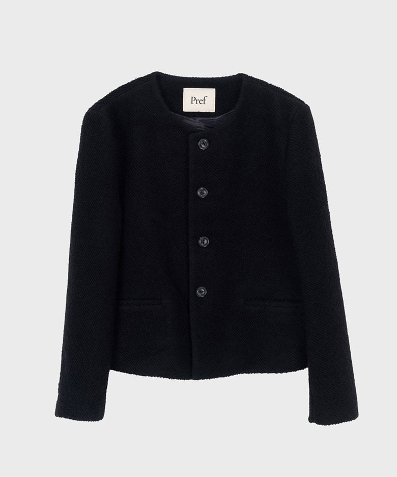 BLACK WOOL ALPACA COLLARLESS JACKET