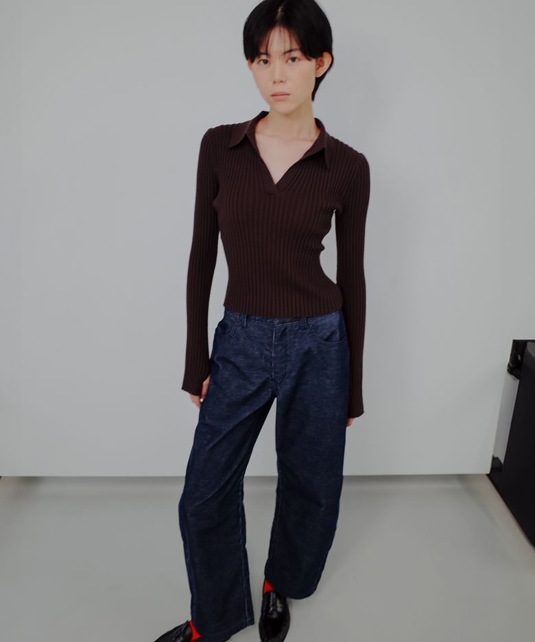 리브드 카라 니트_브라운