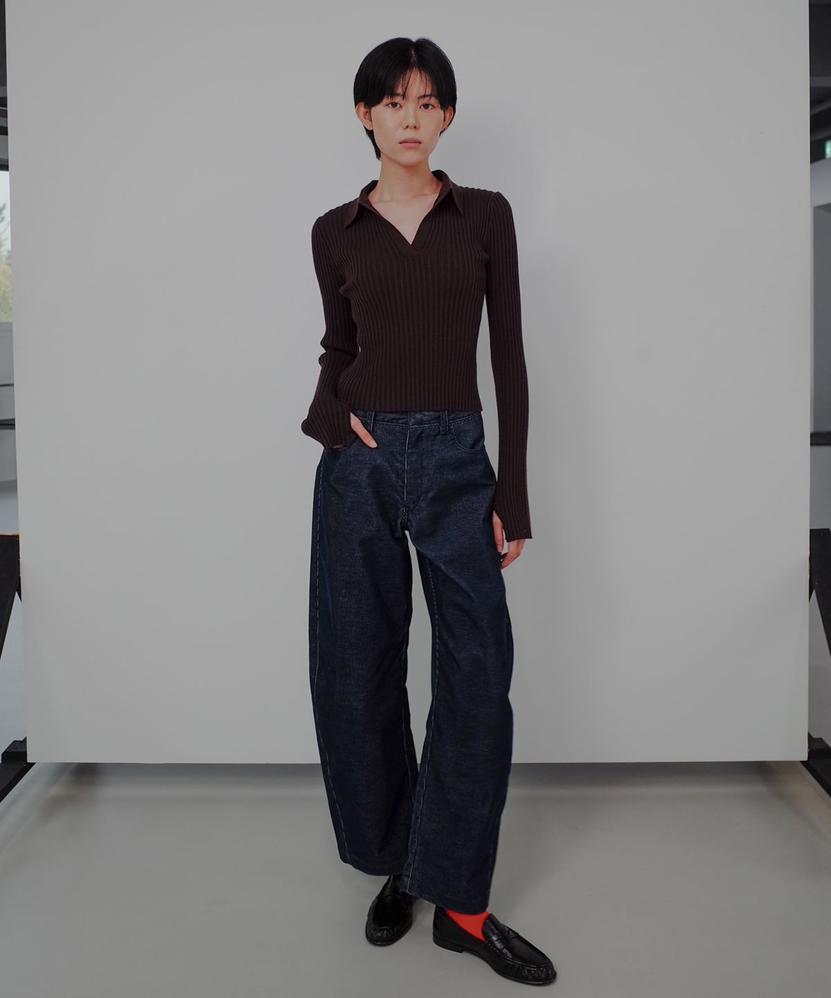 길영(GIL YOUNG) 데님 코듀로이 배럴 팬츠_네이비