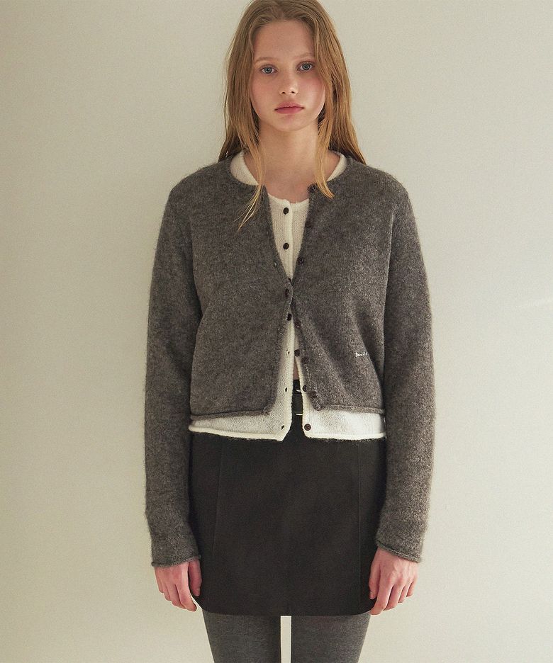 Super Fine Mohair Round Neck Cardigan_Grey