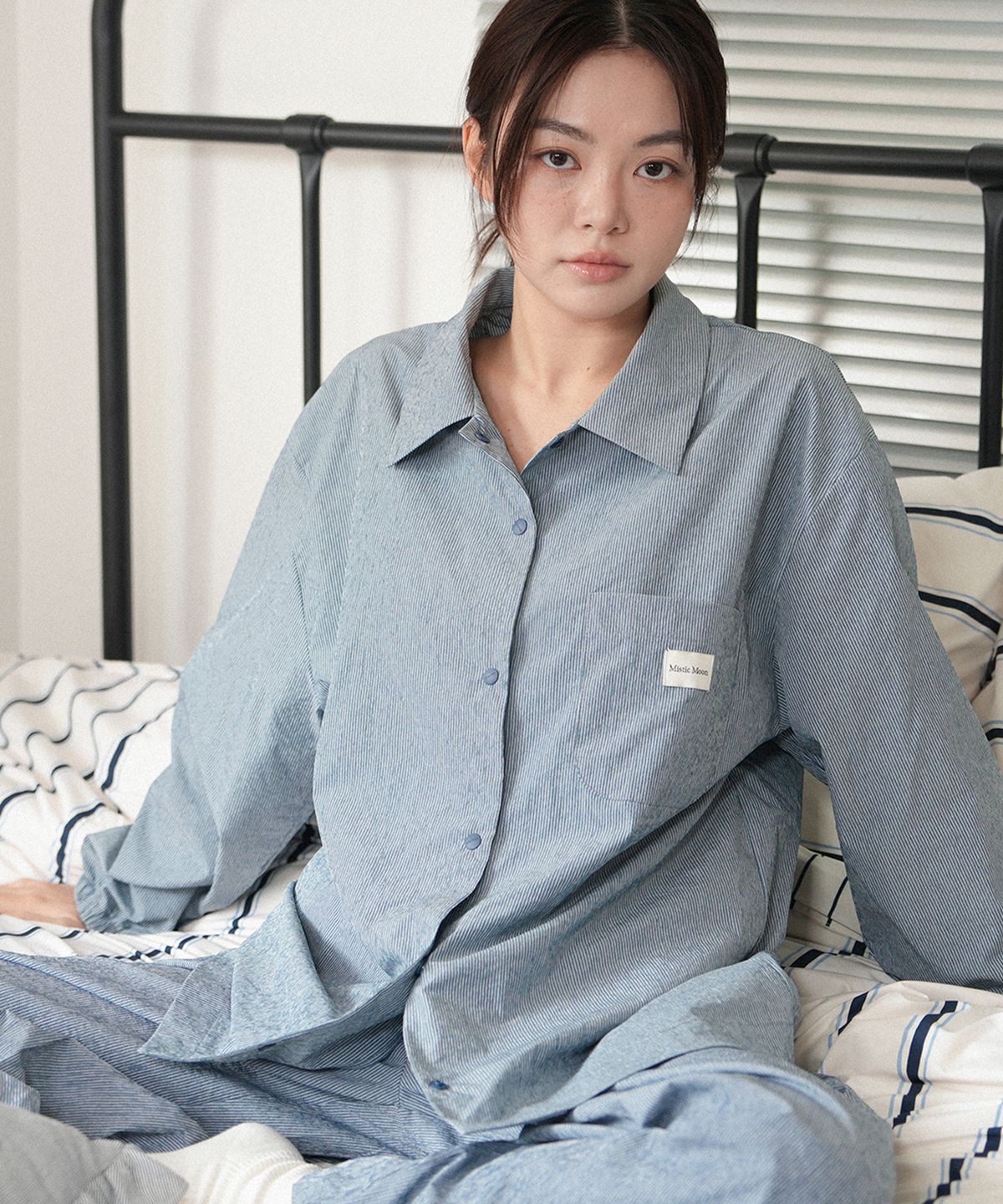 미스틱문(MISTIC MOON) [커플잠옷] 레이지 롱 슬리브 파자마 셔츠 (navy)