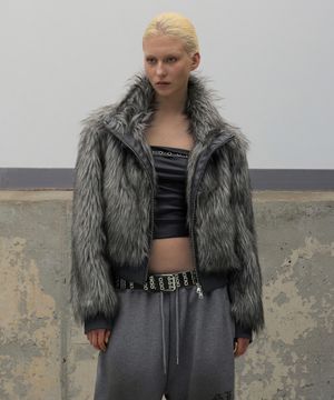 High Neck Fur Jacket - Charcoal