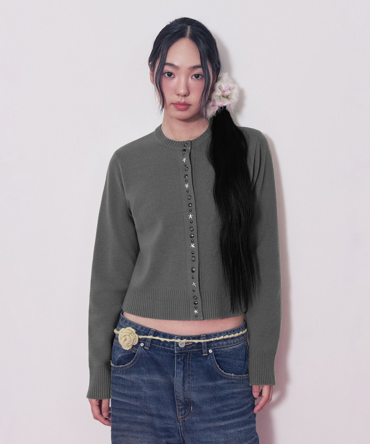 페이키(FAKIII) Cashmere Sparkle Star Cardigan_Charcoal