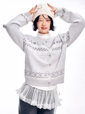 와펜 하트 패턴 가디건 - 그레이