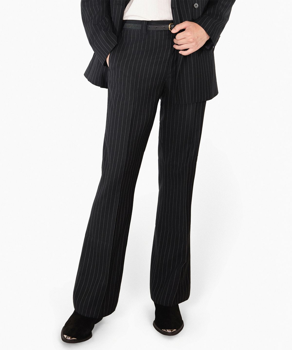 레뷰라(REVURA) SERGE WOOL BOOTCUT TROUSERS - BLACK STIPRE