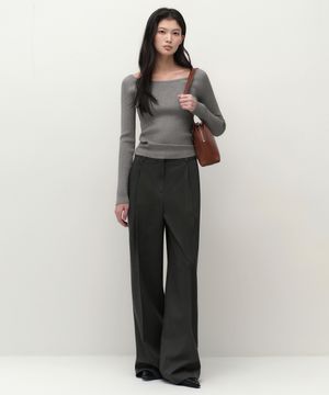 우먼즈 핀 스트라이프 딥 턱 와이드 슬랙스 [그레이]