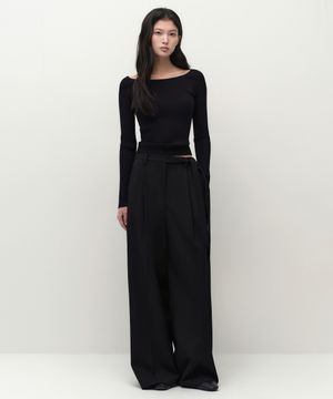 우먼즈 웨이스트 스트랩 딥 턱 와이드 슬랙스 [블랙]