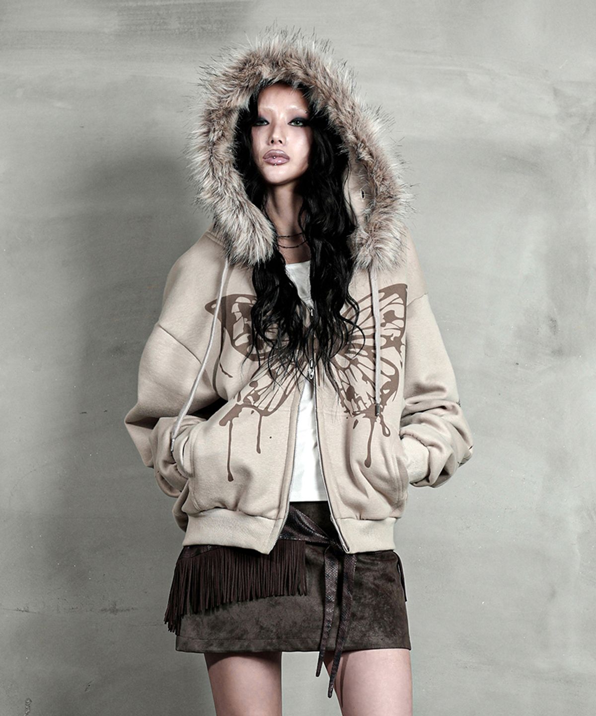 달링유어배드(DARLING, YOU'RE BAD) BUTTERFLY SPLATTER ZIP-UP #BEIGE(기모/퍼탈부착)