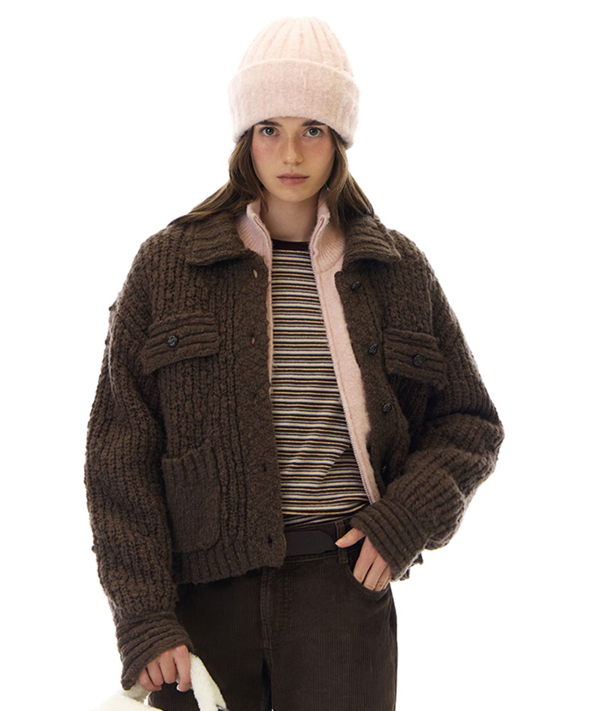 그로브(GROVE) AURORA COLLAR KNIT JACKET (BROWN)