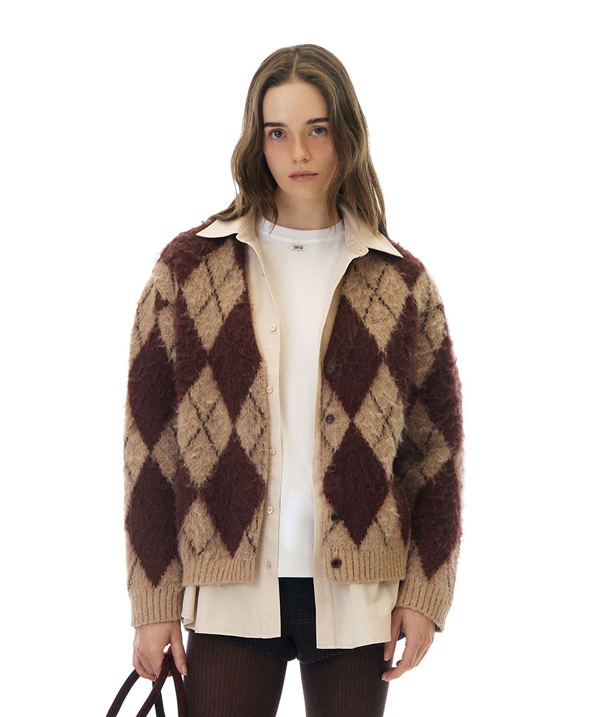 그로브(GROVE) ARIA BRUSHED ARGYLE CARDIGAN (WINE)