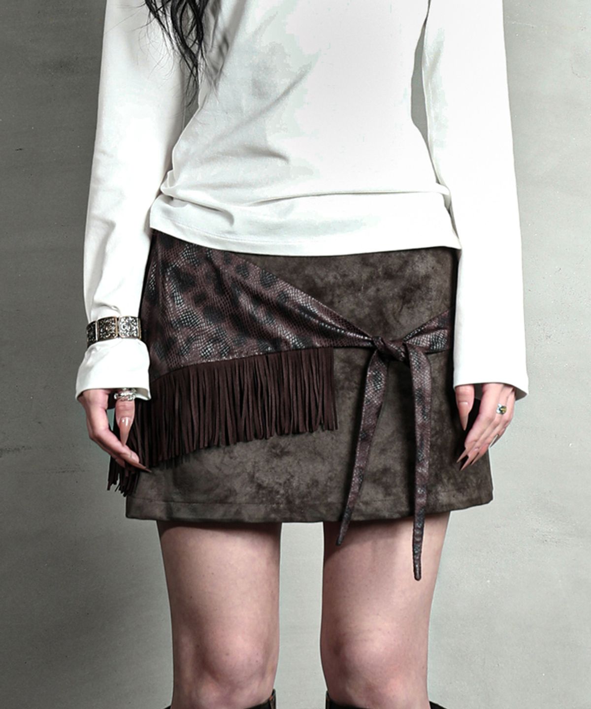 달링유어배드(DARLING, YOU'RE BAD) FRINGE WRAP LEATHER SKIRT #BROWN