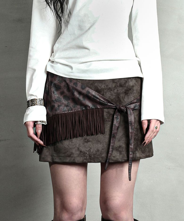 FRINGE WRAP LEATHER SKIRT #BROWN