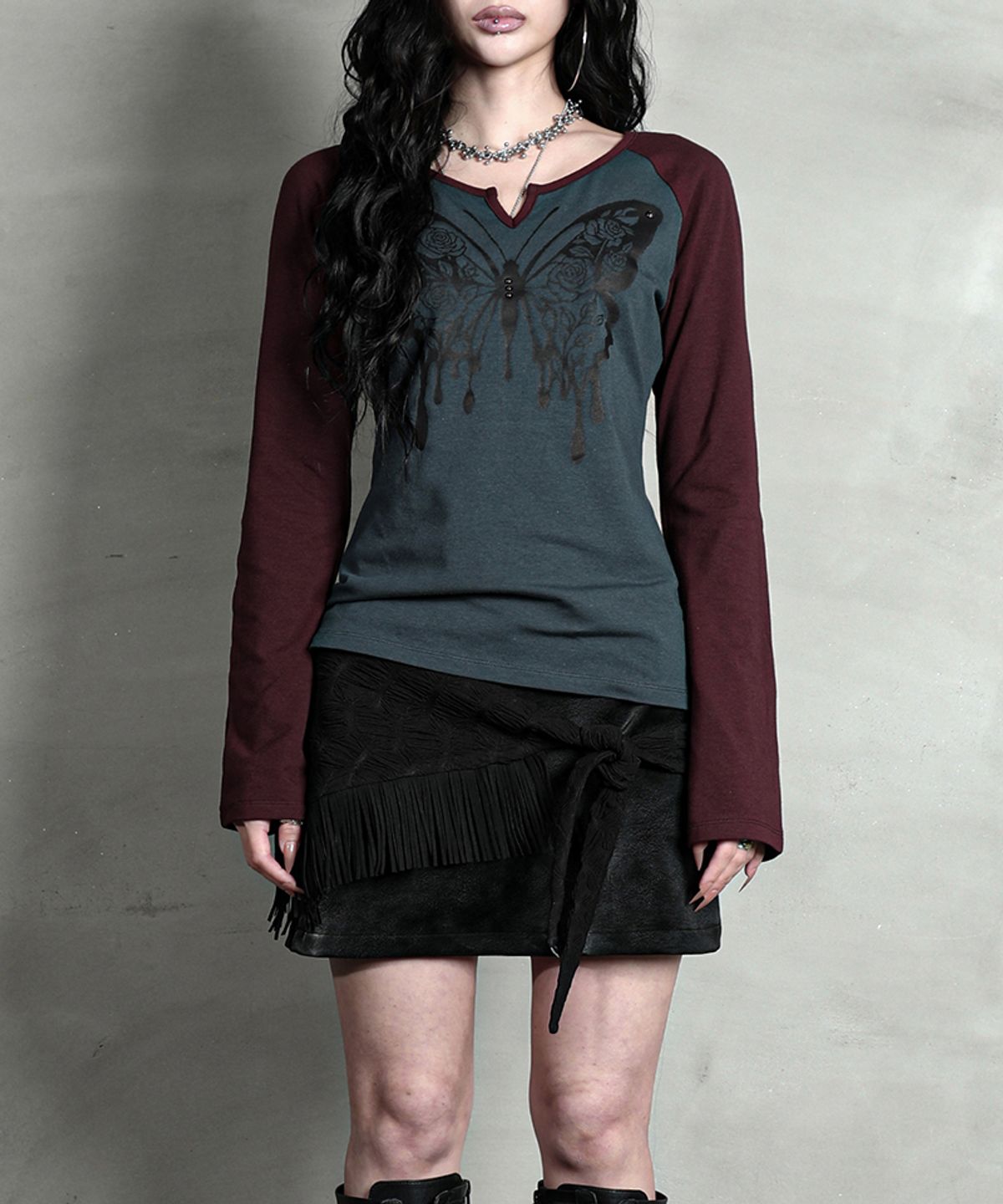 달링유어배드(DARLING, YOU'RE BAD) ROSE BUTTERFLY RAGLAN T-SHIRT #WINE BLUE