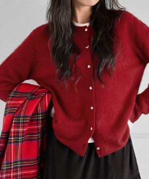 CASH WOOL PENDANT OBJET BUTTON CARDIGAN, RED