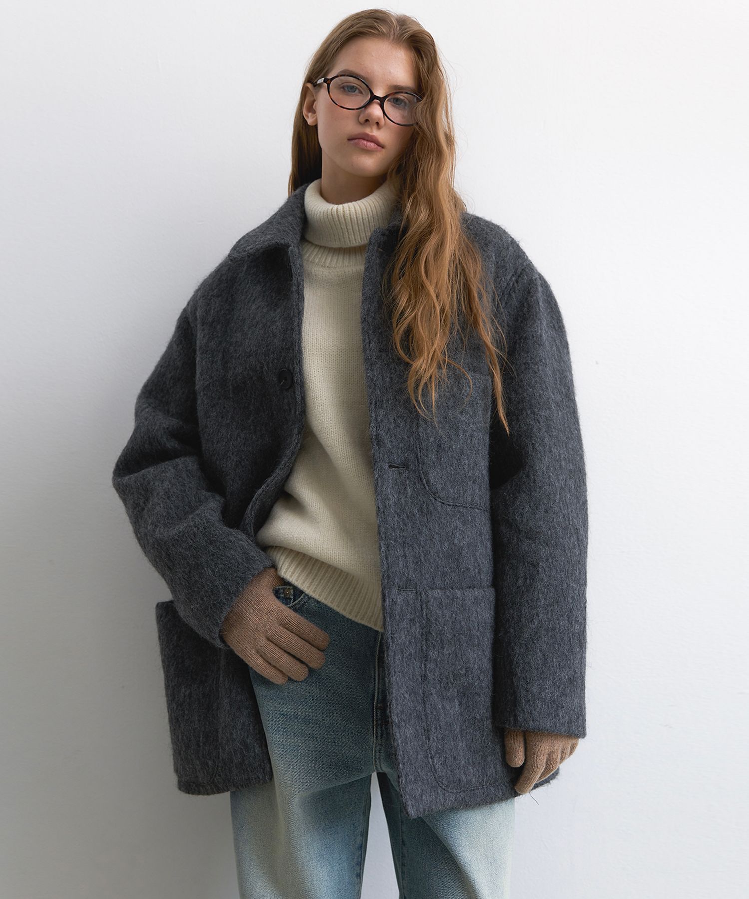 【新品】MUSINSA LAMINEZ ムシンサ ヘアリーハーフコート 白 MUSINSA公式 | LAMINEZ ヘアリー ハーフコート - チャコール