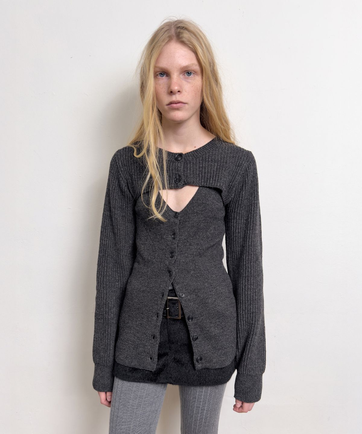 다이애그널(DIAGONAL) BOLERO LAYERED KNIT CARDIGAN (dark grey)