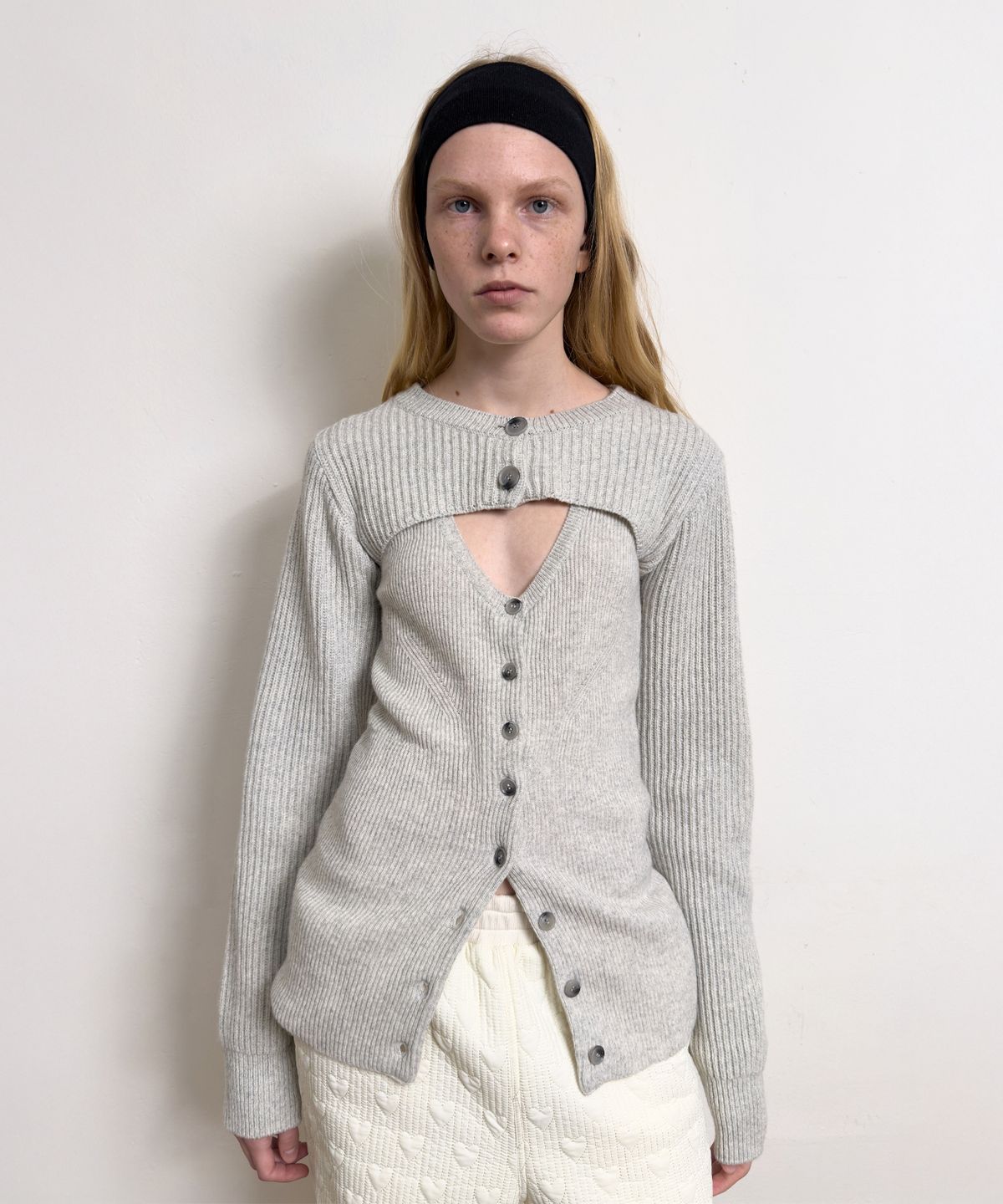 다이애그널(DIAGONAL) BOLERO LAYERED KNIT CARDIGAN (light grey)