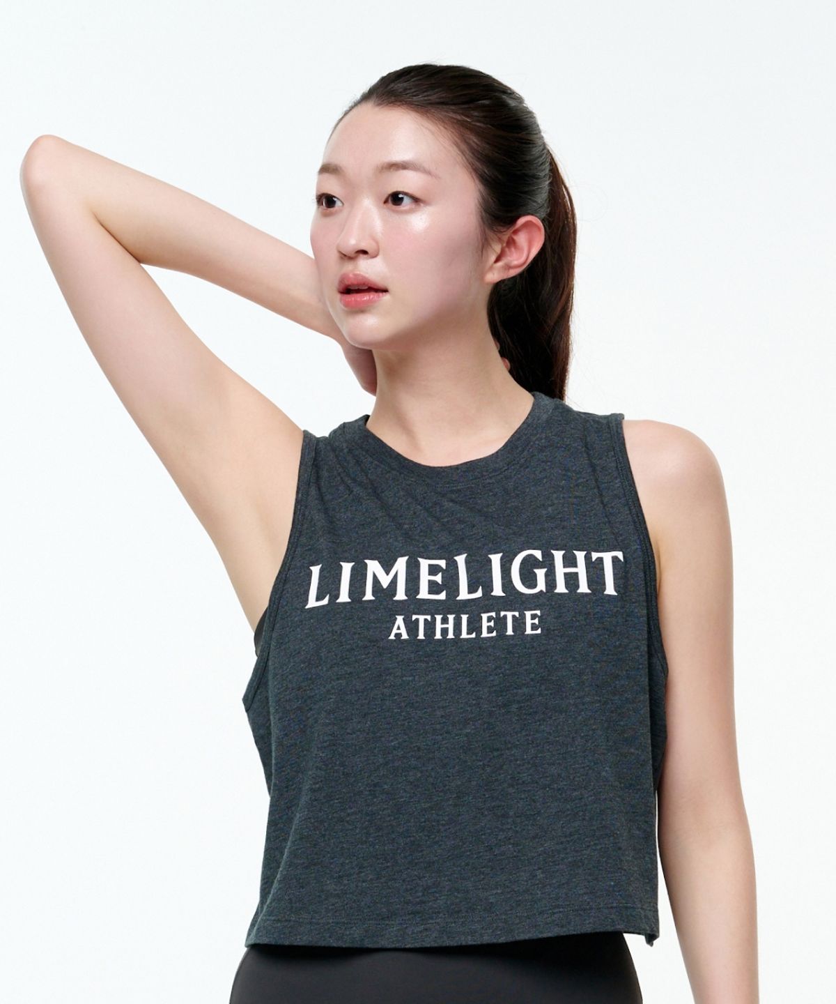 라임라잇 어패럴(LIMELIGHT APPAREL) 애슬릿 우먼즈 크롭 슬리브리스 (차콜 멜란지/화이트)