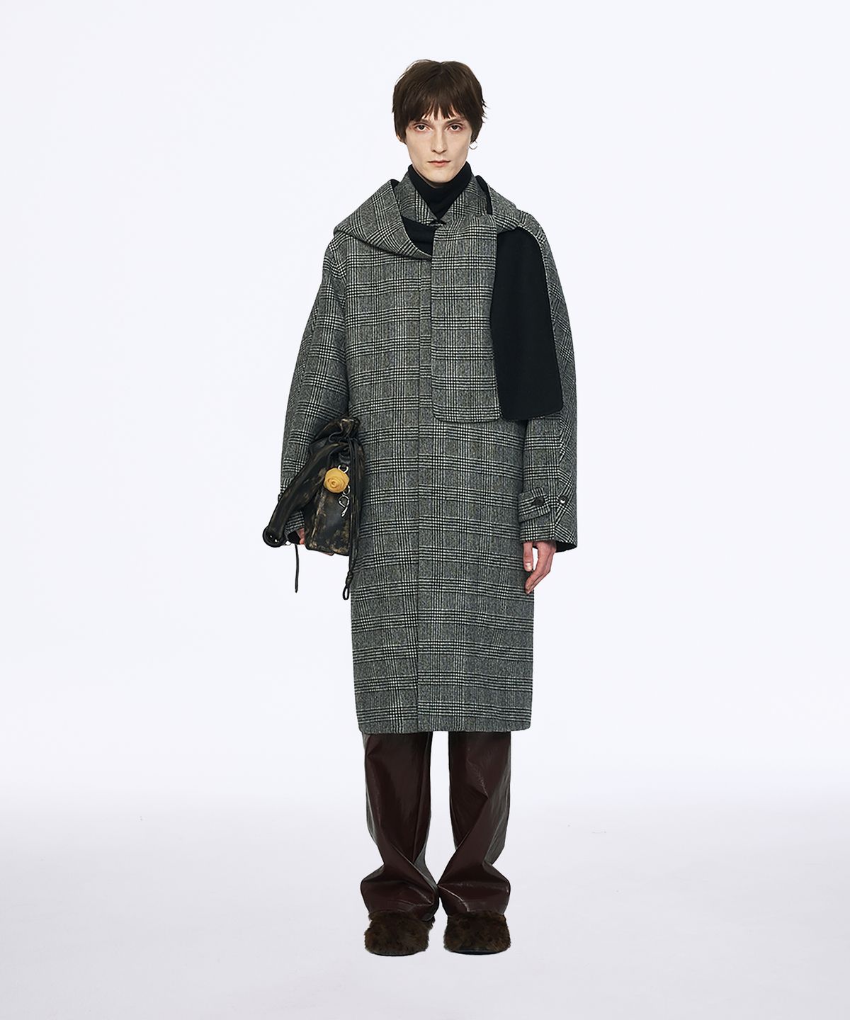 유지(YUJI) GLEN CHECK HOOD MUFFLER HAND MADE COAT GREY