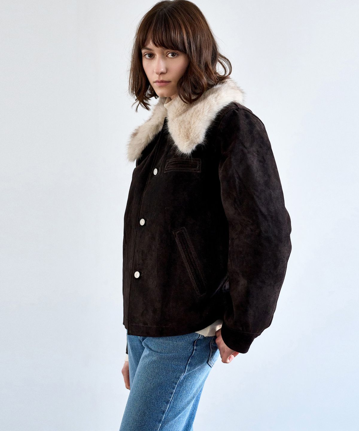 미테(MITTE) FUR COLLOR SUEDE JACKET_BROWN