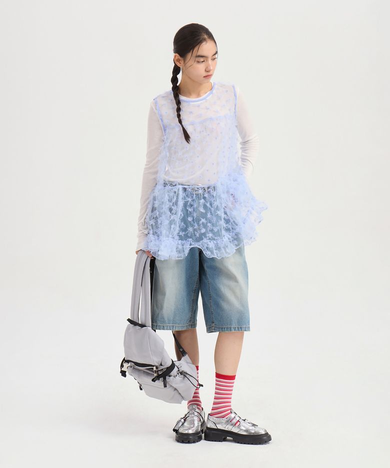 Sleeveless Flower Embroidery Shirring Blouse (light blue) LFSAX25025BUL