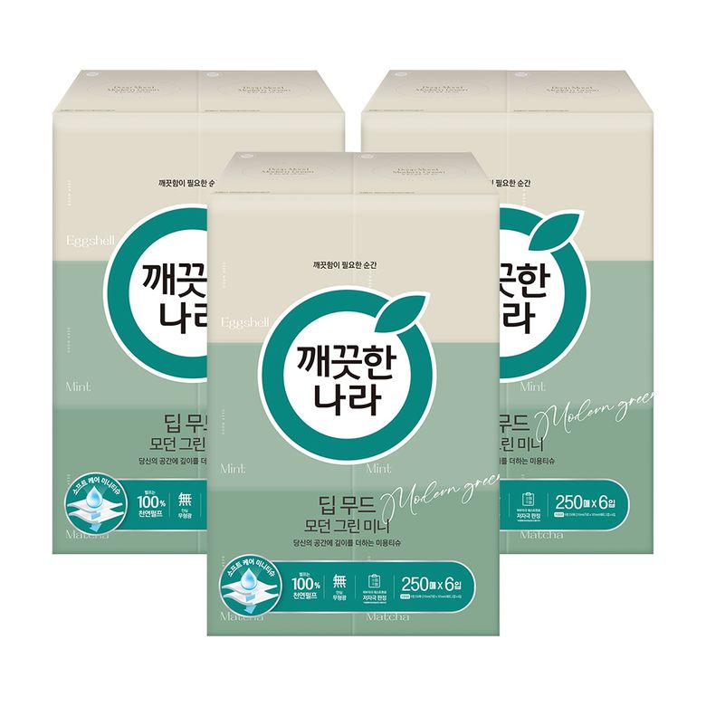 깨끗한나라 휴지 미용티슈 딥무드 모던 그린 미니 250매 6입(팩) x 3팩