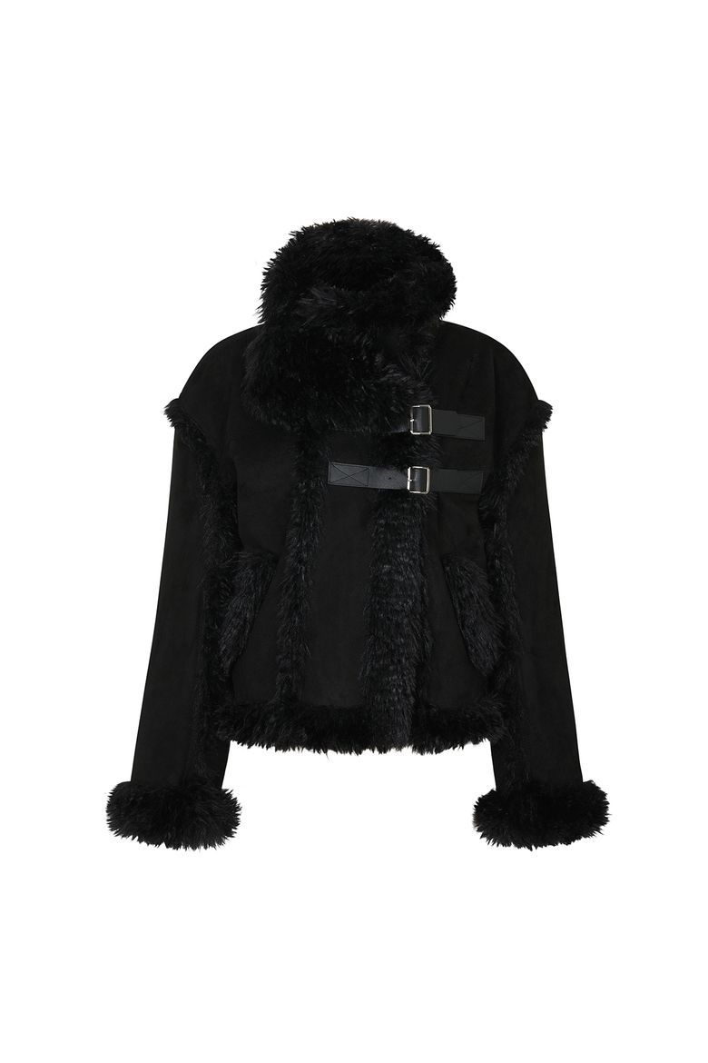 LUNA BELTED SHEARLING JACKET black