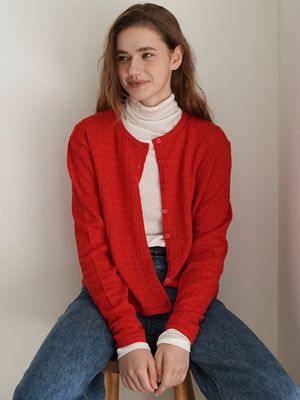 [울 100%] 레이스 울 가디건 / 레드