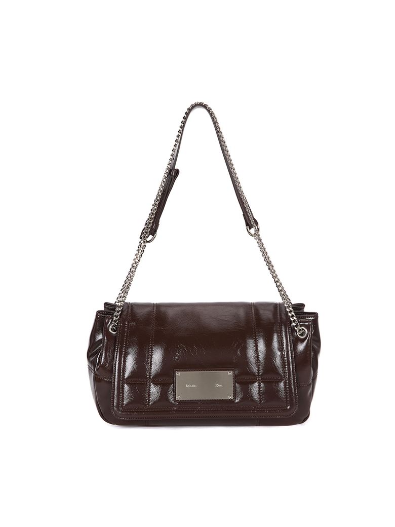 GLOSSY QUILTING MEDIUM CHAIN BAG IN DARK BROWN
