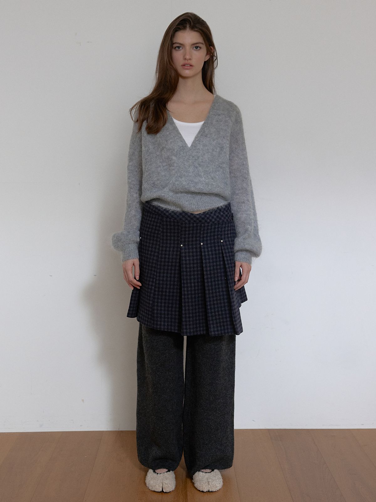 아수라(ASURA) WOOL RIVET PLEATS LAP SKIRT (CHECK)