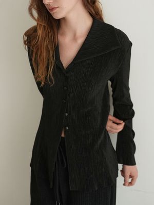 하이넥 플리츠 블라우스 / 블랙