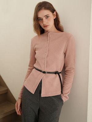 리브드 보트넥 가디건 / 핑크