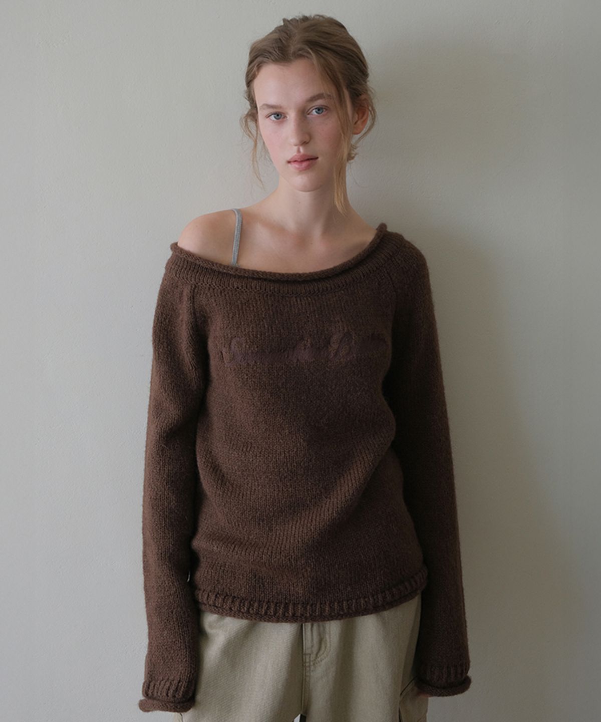 썸웨어버터(SOMEWHEREBUTTER) Bold Logo Alpaca Boat Knit - Brown