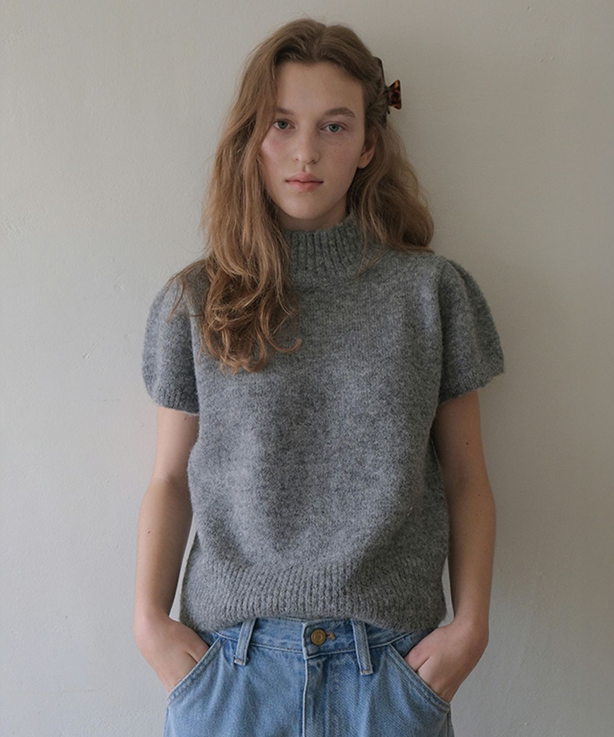 썸웨어버터(SOMEWHEREBUTTER) Turtleneck Emma Half Puff Knit - Grey
