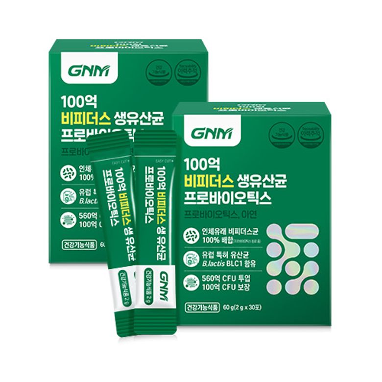 [비피더스균 100%] GNM 100억 비피더스 생 유산균 프로바이오틱스 30포 x 2박스/ 아연