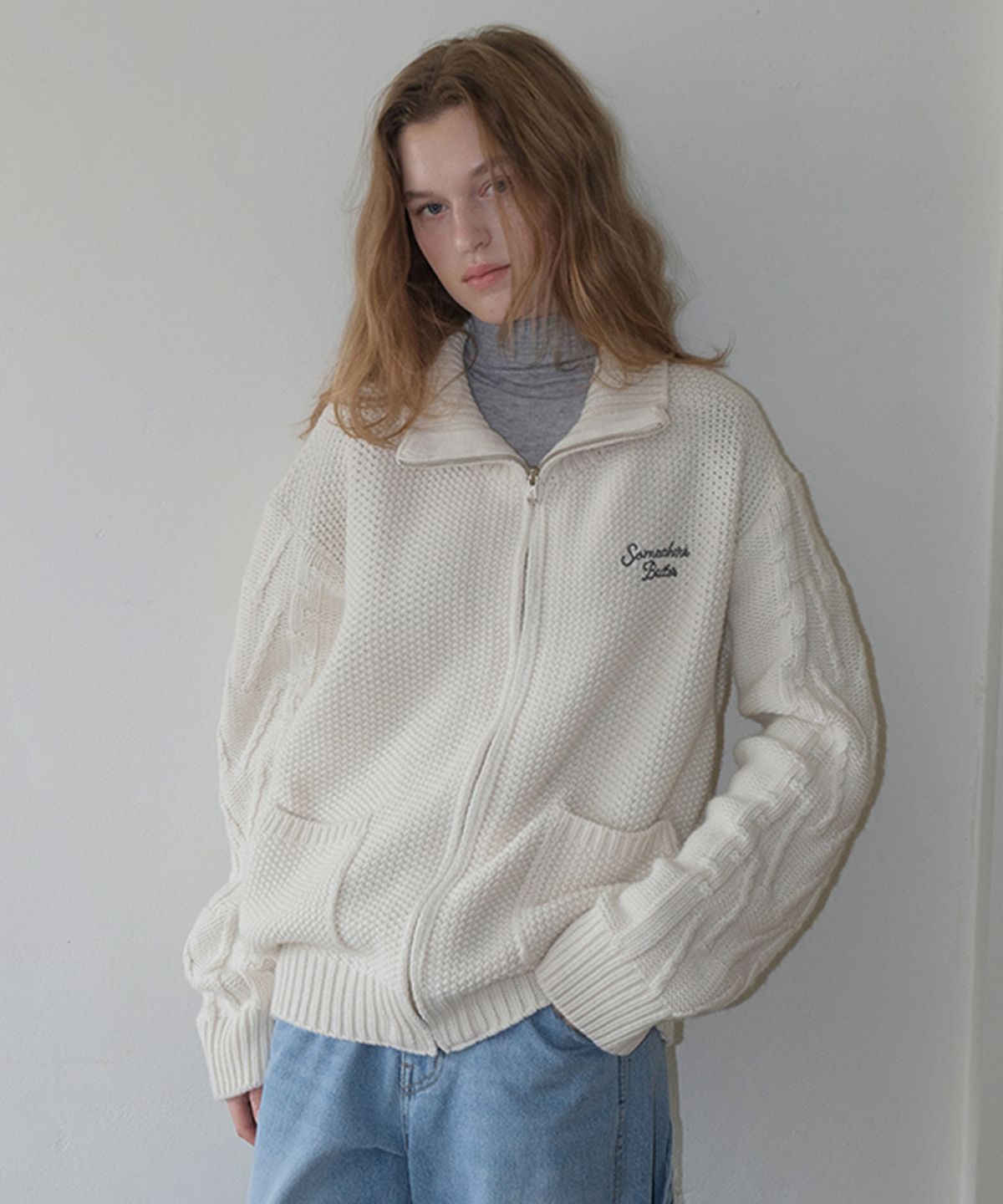 썸웨어버터(SOMEWHEREBUTTER) Pocket Wool Knit Zip-up - Ivory