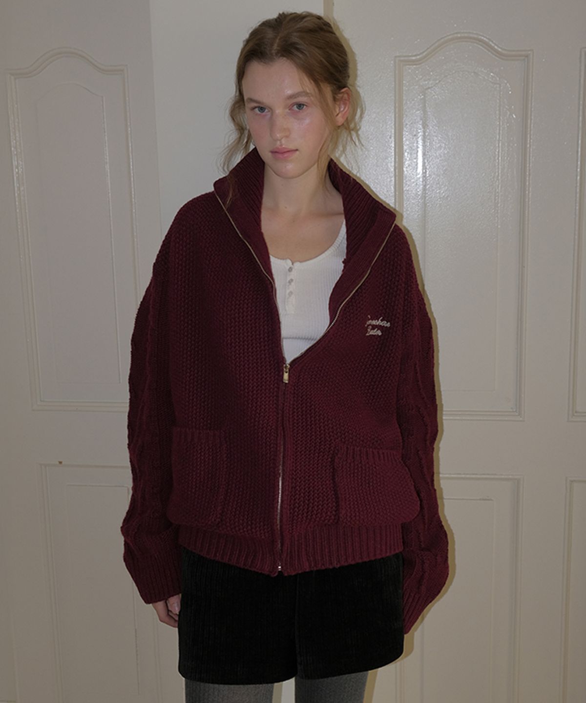 썸웨어버터(SOMEWHEREBUTTER) Pocket Wool Knit Zip-up - Grape