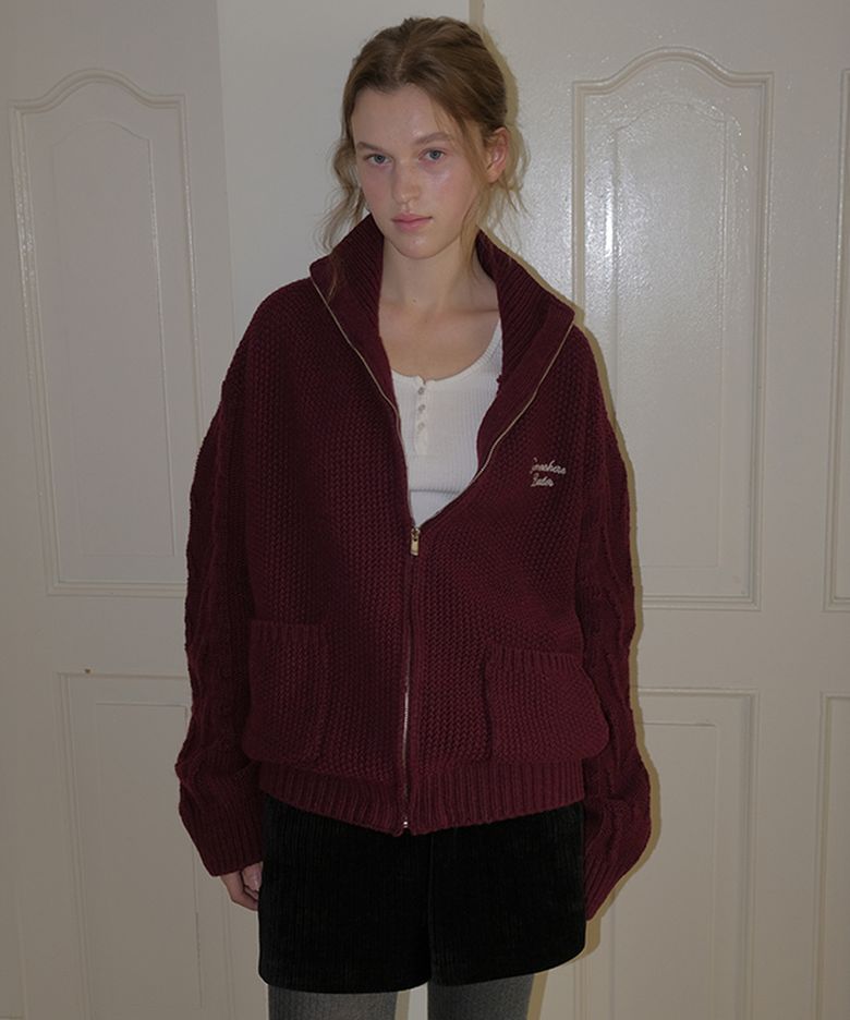 Pocket Wool Knit Zip-up - Grape