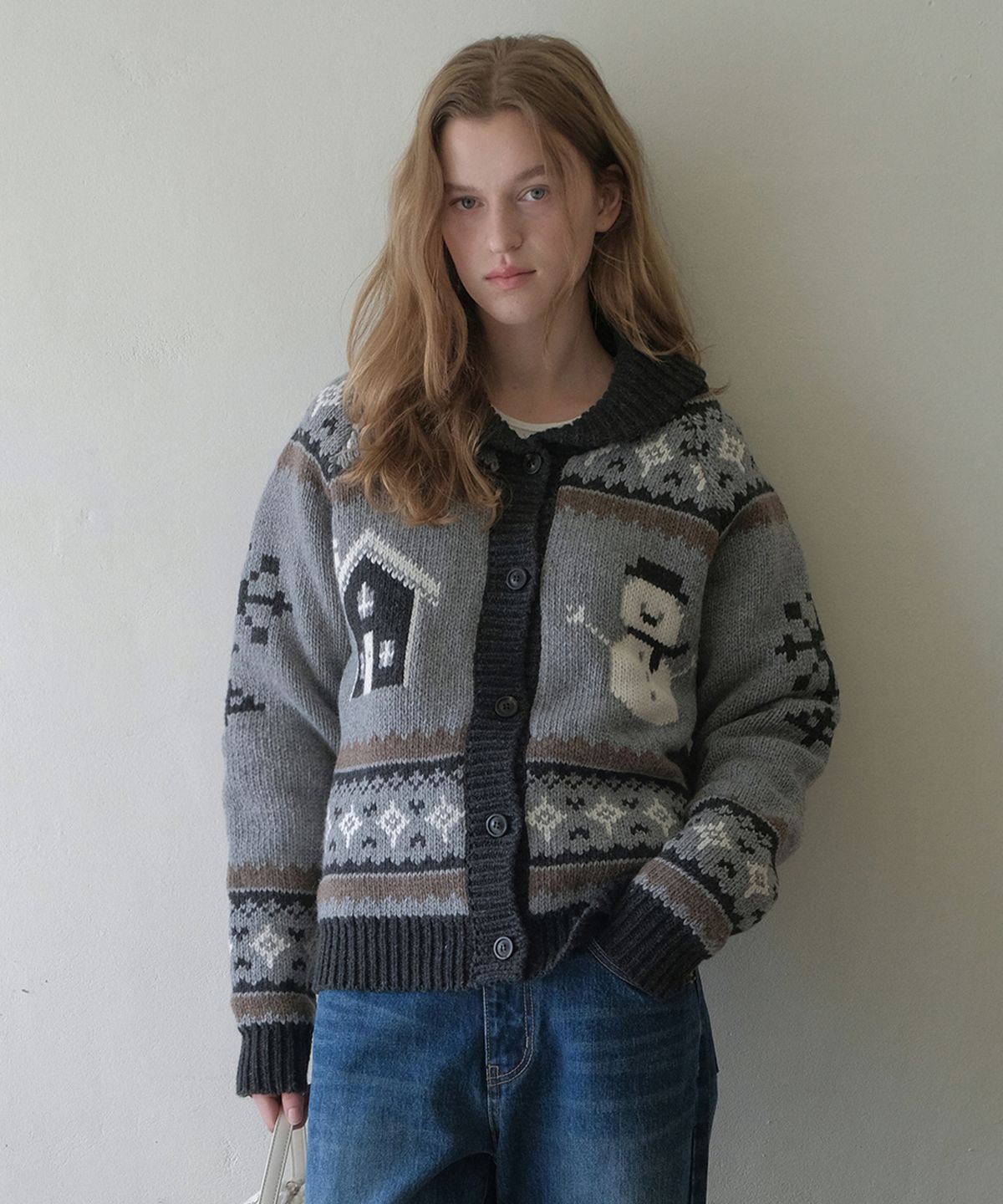 썸웨어버터(SOMEWHEREBUTTER) Snowman Nordic Wool Cowichan Cardigan - Grey