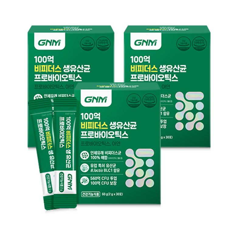 [비피더스균 100%] GNM 100억 비피더스 생 유산균 프로바이오틱스 30포 x 3박스/ 아연