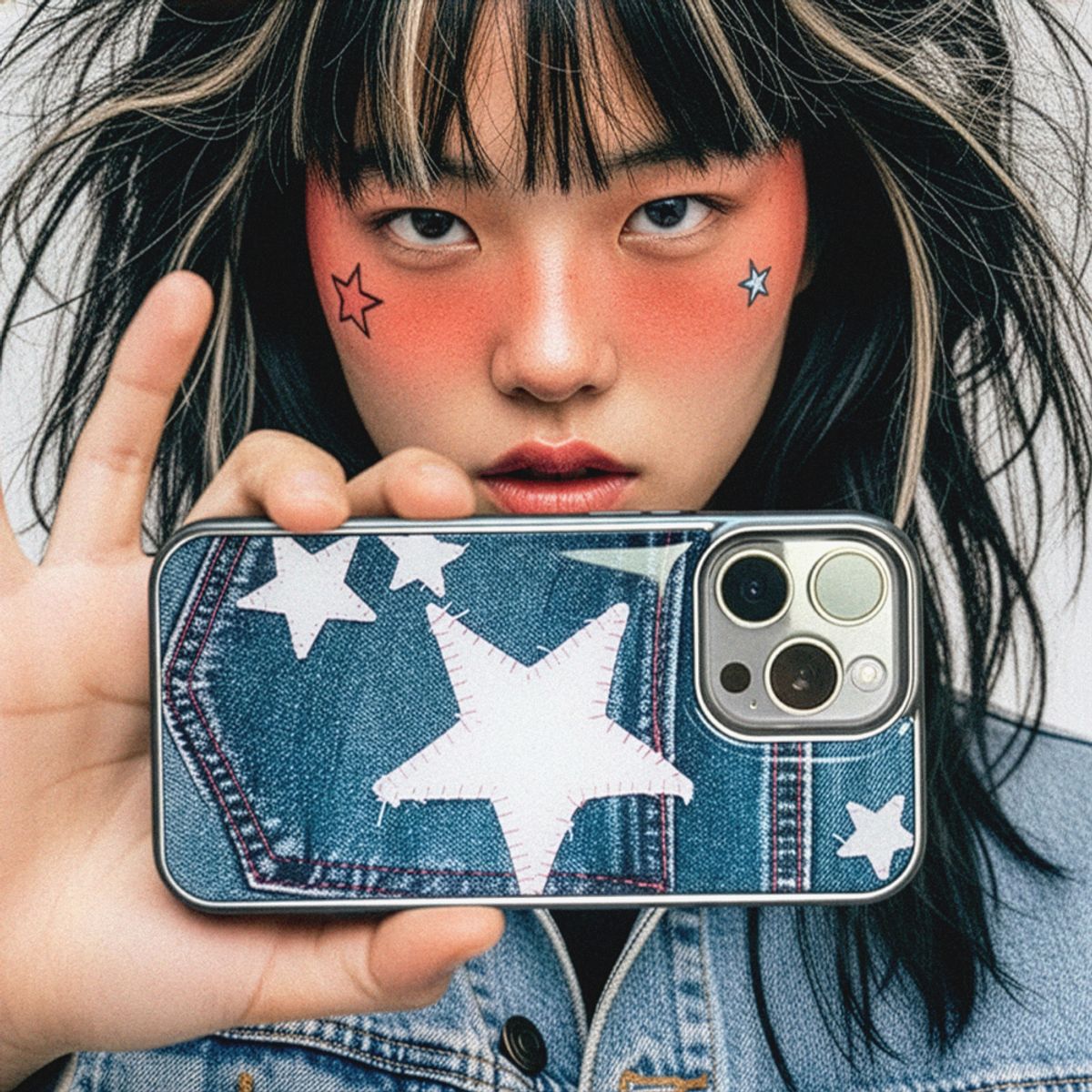 메모리즈바운더리(MEMORIESBOUNDARY) Patched Star Pocket Denim Case Wash Blue (SV_Epoxy/MagSafe Glass)