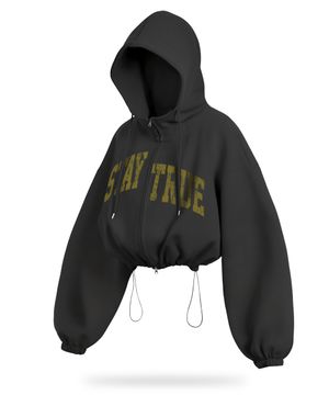 아치 스테이 스트링 오버핏 크롭 투웨이 후드집업 - 블랙