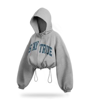 아치 스테이 블루 스트링 오버핏 크롭 투웨이 후드집업 - 멜란지