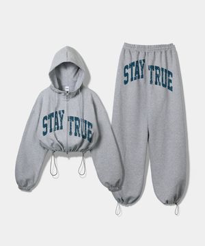 [SET] 아치 스테이 블루 스트링 오버핏 하이넥 크롭 투웨이 후드집업 + 원턱 스트링 팬츠 - 멜란지