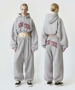 [SET] 아치 스테이 버건디 스트링 오버핏 하이넥 크롭 투웨이 후드집업 + 원턱 스트링 팬츠 - 멜란지